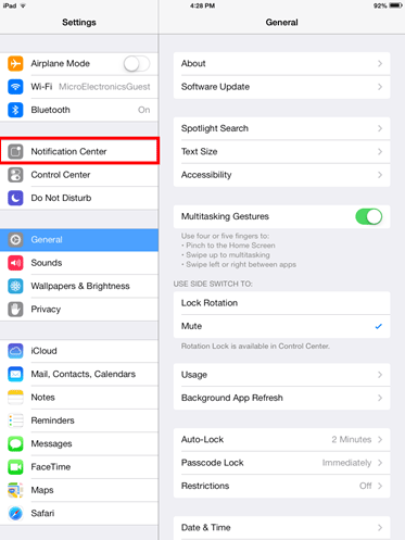 iOS Settings, Notification Center